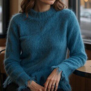 Women's Angora Sweater Cropped Style Torn Fringe Design Casual Dressy Cozy Fuzzy